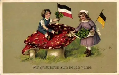 Ak Glückwunsch Neujahr, Kinder, Fahnen, Pilze, Glücksklee