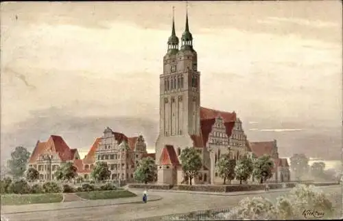 Künstler Ak Wrocław Breslau Schlesien, Pauluskirche, Pfarrhäuser, Gemeindehaus