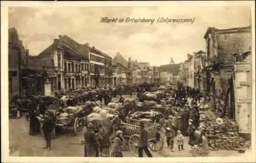 Ak Szczytno Ortelsburg Ostpreußen, Fuhrwerke, Kriegszerstörungen, Markt, I. WK