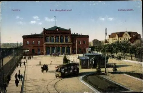 Ak Poznań Posen, Hauptbahnhof, Bahnpostamt, Straßenbahn