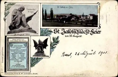 Ak Basel Stadt Schweiz, St. Jakobschlacht-Feier am 26. August, St. Jakob Denkmal