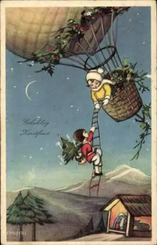 Künstler Ak Chiostri, Glückwunsch Weihnachten, Heißluftballon, Stechpalmenzweige, Tannenbaum