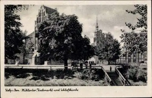 Ak Słupsk Stolp Pommern, Mühlentor, Fischmarkt, Schlosskirche