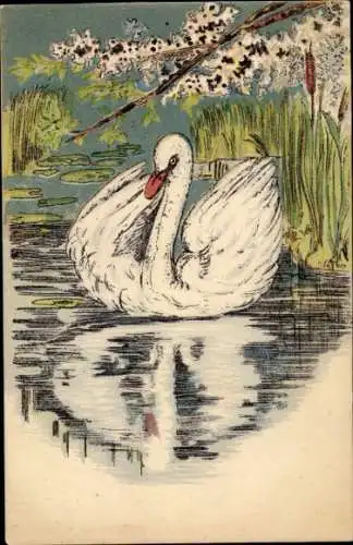 Litho Schwan, Teich, Blühender Baum