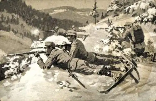 Ak Schneeschuh-Patrouille im Gefecht, Deutsche Soldaten in Uniformen