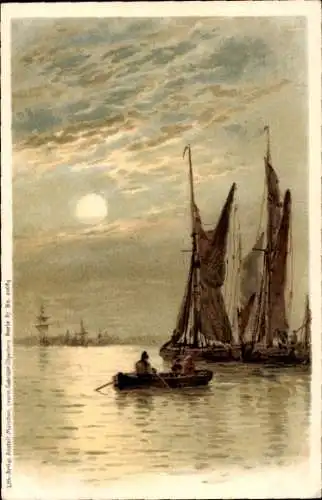 Künstler Litho Hafen in der Dämmerung, Fischerboote, Ruderboot