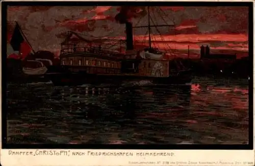 Künstler Litho Diemer, Zeno, Dampfer Christoph im Abendrot, Hafen von Friedrichshafen