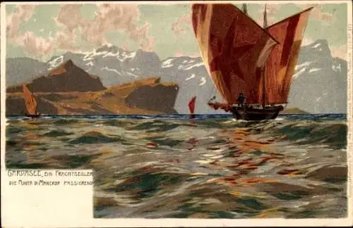 Künstler Litho Diemer, Zeno, Frachtsegler auf dem Gardasee, Punta di Manerba