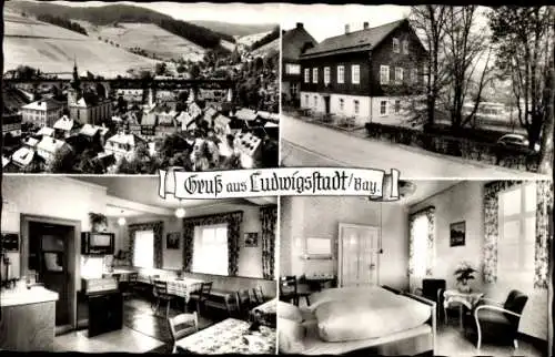 Ak Ludwigsstadt in Oberfranken, Ort, Vogelschau, Gaststätte Zur Eisenbahn