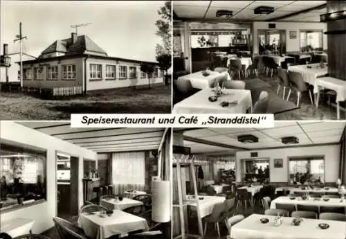 Ak Neuendorf auf der Insel Hiddensee, Restaurant und Café Stranddistel, Aussen- und Innenansicht