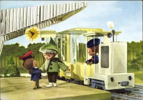 Ak Unser Sandmännchen, Sandmann, DDR Kinderfernsehen, Eisenbahn, Bahnhof