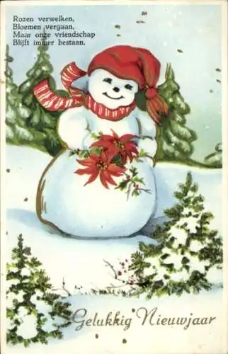 Ak Glückwunsch Neujahr, Schneemann mit Mütze und Schal, Weihnachtsstern-Blüten
