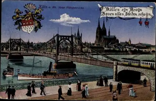 Ak Köln am Rhein, Neue Hängebrücke, Wappen, Straßenbahn