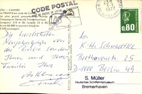 Ak Passagierschiff S.S. France, CGT, vor Anker vor Cannes