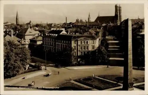 Ak München Bayern, Karolinenplatz mit Frauenkirche, Obelisk