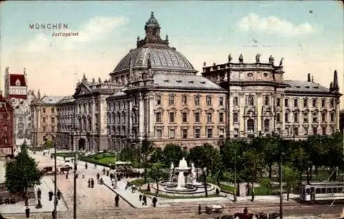 Ak München, Justiz-Palast, Springbrunnen, Straßenbahn