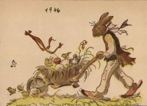 Künstler Ak Ostern, Osterhase, Schubkarre, Ostereier