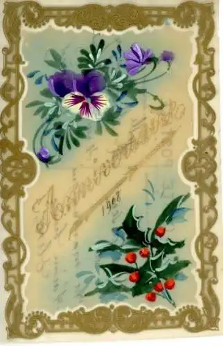 Zelluloid Ak Blumen, Stechpalme, Stiefmütterchen