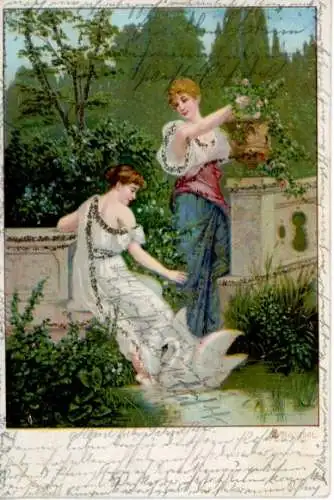 Glitzer Ak Zwei Frauen am Teich, Schwan, Blumen, Garten