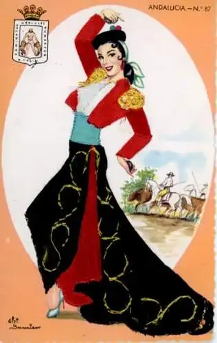 Seidenstick Künstler Ak Gumier, E., Andalusien, Frau in spanischer Volkstracht, Wappen