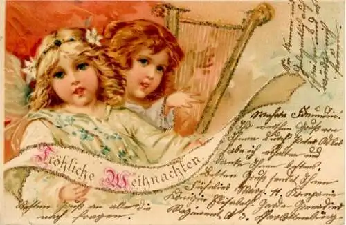 Glitzer Litho Glückwunsch Weihnachten, Engel, Harfe