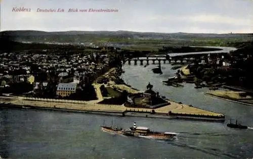 Ak Koblenz am Rhein, Blick vom Ehrenbreitstein auf das Deutsche Eck, Salondampfer