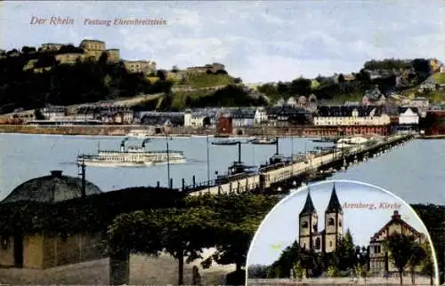 Ak Ehrenbreitstein Koblenz am Rhein, Festung Ehrenbreitstein, Schiffbrücke, Arenberg, Kirche