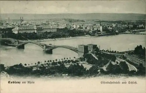 Ak Koblenz am Rhein, Panorama, Eisenbahnbrücke, Schloss