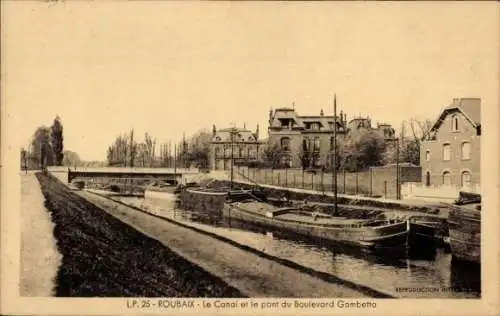 Ak Roubaix Nord, Der Kanal und die Brücke Boulevard Gambetta