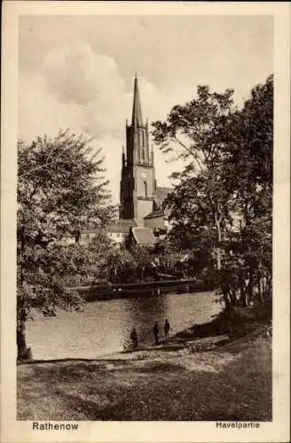 Ak Rathenow im Havelland, Havelpartie, Teilansicht, Kirchturm