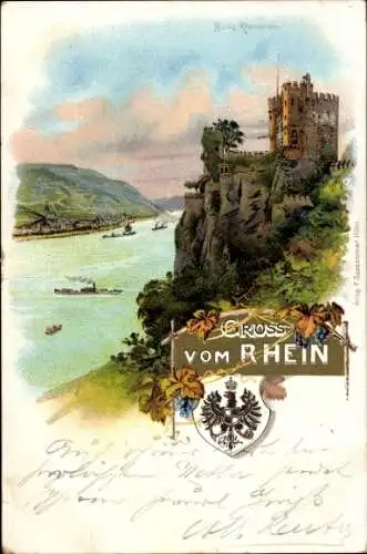 Wappen Litho Trechtingshausen Rhein, Burg Rheinstein, Weinrebe