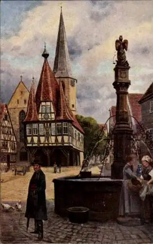 Künstler Ak Hoffmann, Michelstadt, Marktplatz m. Rathaus