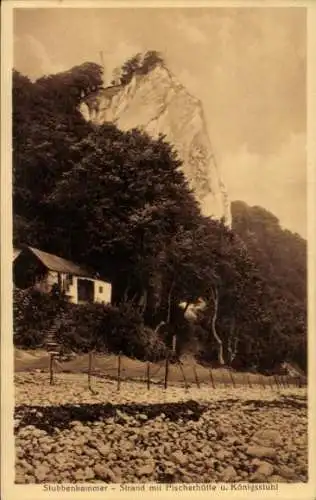 Ak Stubbenkammer Sassnitz auf Rügen, Königstuhl, Strand, Fischerhütte