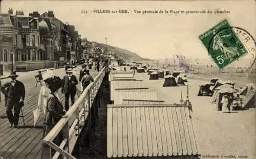 Ak Villers sur Mer Calvados, vue generale de la Plage, promenade des planches