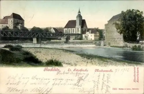 Ak Rochlitz an der Mulde, St. Petrikirche, Muldenwehr