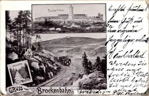 Ak Brocken im Harz, Brockenturm, Brockenhotel, Brockenbahn, Köhlerhütte