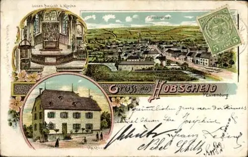 Litho Hobscheid Luxemburg, Gesamtansicht, Pastorat, Kirche, Innenansicht