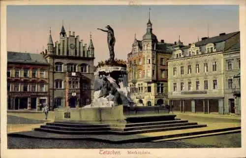 Ak Děčín Tetschen Bodenbach Elbe Reg. Aussig, Marktplatz, Fontäne