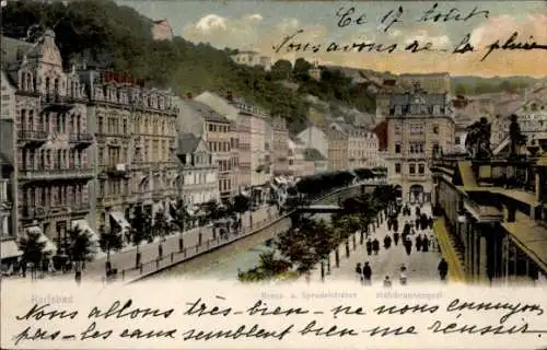 Ak Karlovy Vary Karlsbad Stadt, Kreu- und Sprudelstraße, Mühlbrunnenqual