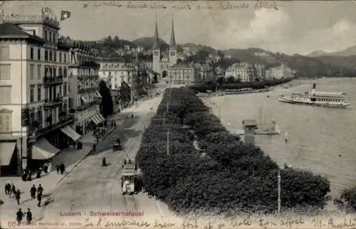 Ak Luzern Stadt Schweiz, Schweizerhofkai, Straßenbahn, Salondampfer, Fourrures Furs, Kirche