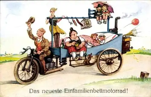 Ak Neuestes Einfamilienbettmotorrad, Motorrad mit Familienwagen, Grammophon