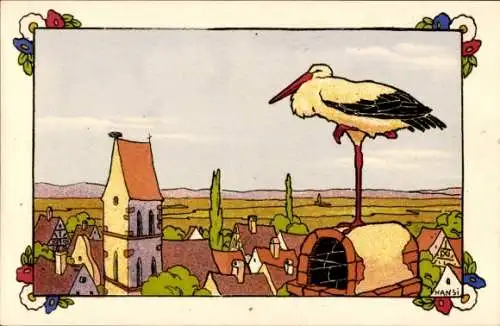 Künstler Ak Hansi, Storch, Panorama, Wohnhäuser