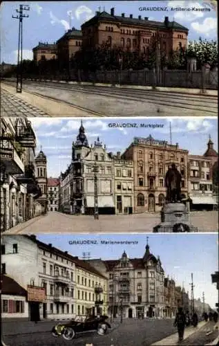 Ak Grudziądz Graudenz Westpreußen, Artillerie Kaserne, Marktplatz, Marienwerderstraße