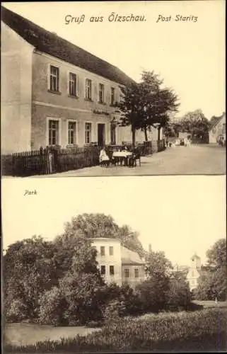 Ak Oelzschau Belgern in Sachsen, Gasthaus, Straßenpartie, Park