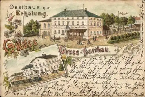 Litho Großharthau in Sachsen, Gasthaus zur Erholung, Bahnhof, Gleisseite