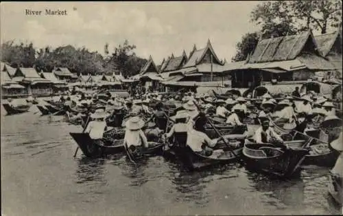 Ak Bangkok Thailand Asien, Markt auf einem Fluss, Boote