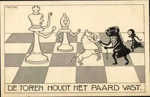 Künstler Ak Rotgans, Schach, Schachfiguren, Tor und Pferd