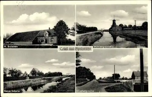 Ak Spetzerfehn Großefehn Ostfriesland, A. Balssen, Windmühle, Schule