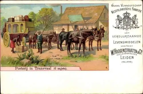 Litho Transvaal Südafrika, Postkutsche, Reklame, Verduurzaamde Levensmiddelen, W. Hoogenstraaten