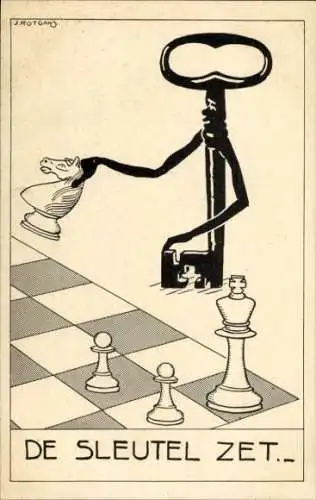 Künstler Ak Rotgans, Schach, Schlüssel, Schachfiguren